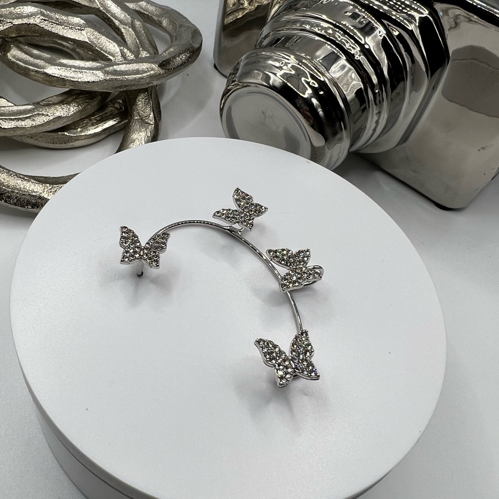 Silver Tone Butterfly and Rhinestone Ear Cuff NEW